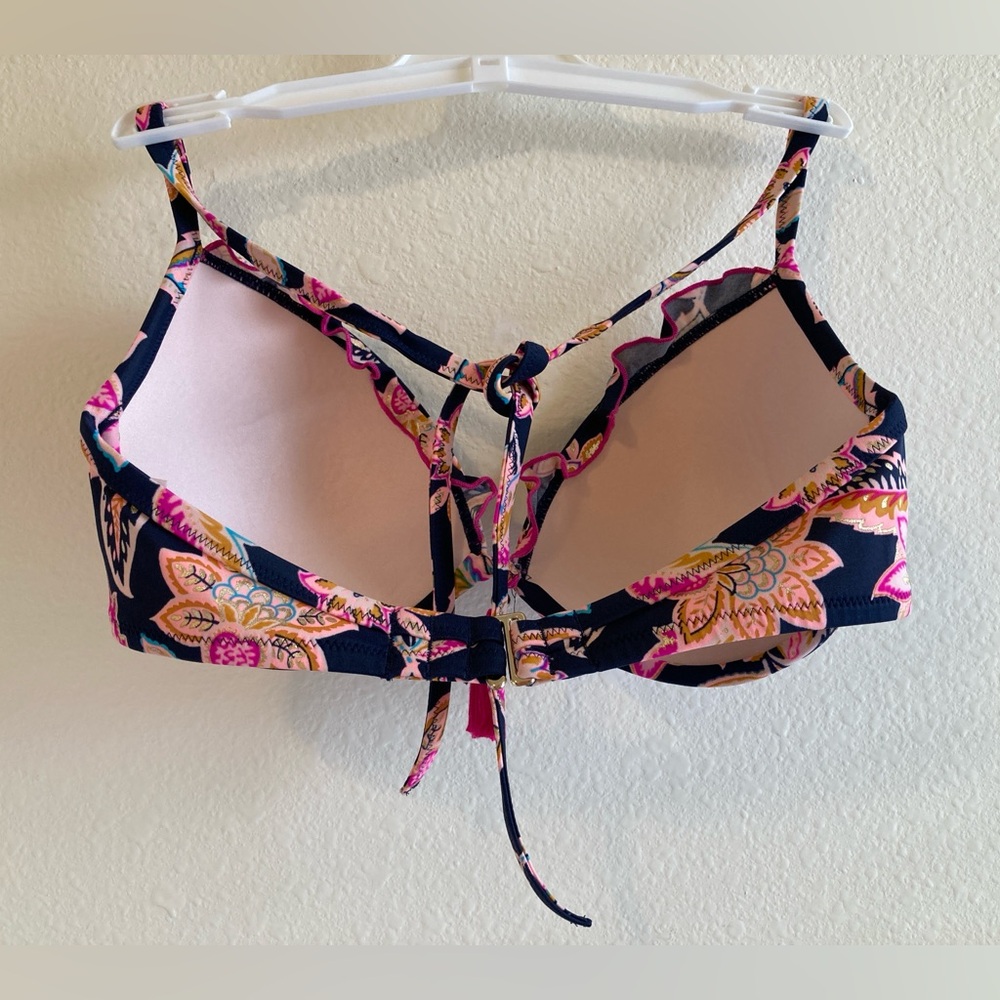 Shade & Shore Navy Pink Floral Bikini Top Size 34D Ruffle Tassel Swim - Picture 3 of 6